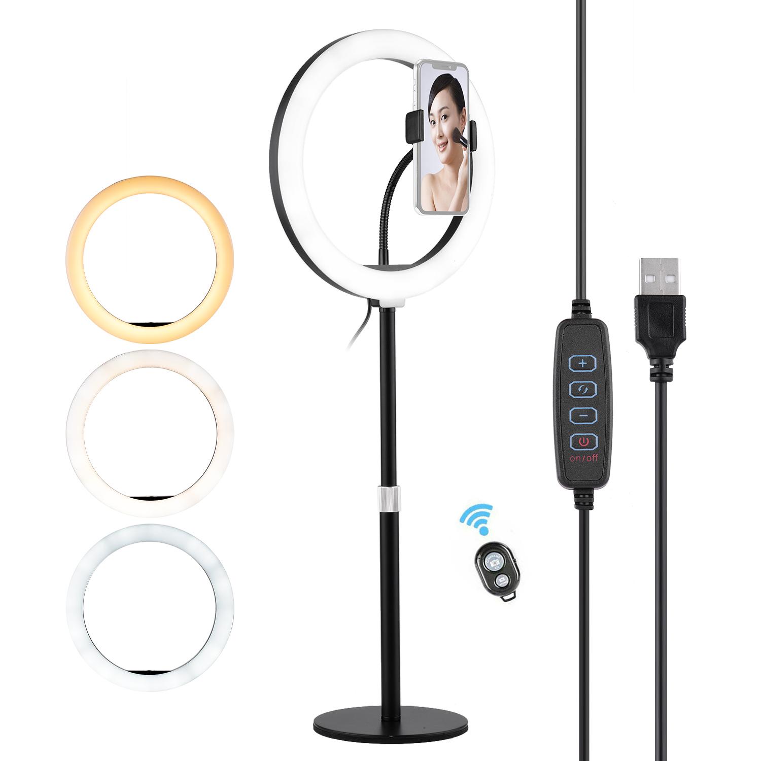 Đèn LED hỗ trợ 3 chế độ chiếu sáng Có thể điều chỉnh với giá đỡ điện thoại có chân đế để bàn 10 inch Selfie Beauty