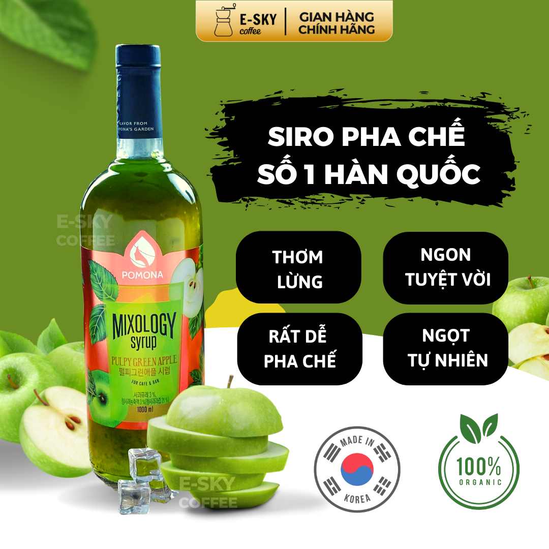 Siro Táo Xanh Pomona Pulpy Green Apple Syrup Nguyên Liệu Pha Chế Hàn Quốc Chai Thủy Tinh 1 Lít