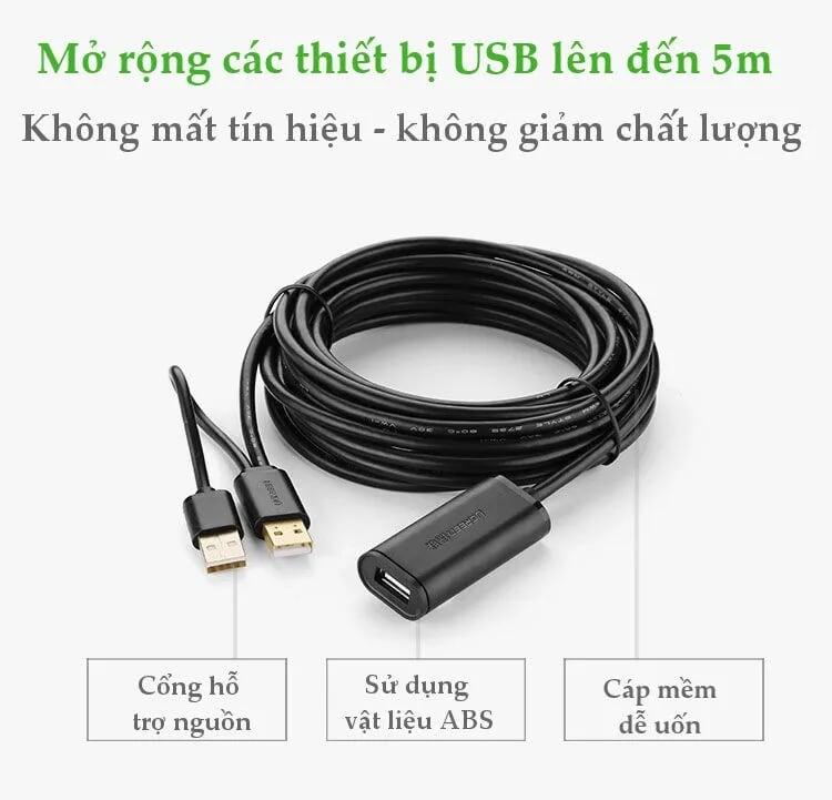 Ugreen UG20213US137TK 5M màu Đen Cáp tín hiệu nối dài USB 2.0 có chip khuếch đại hỗ trợ nguồn USB - HÀNG CHÍNH HÃNG