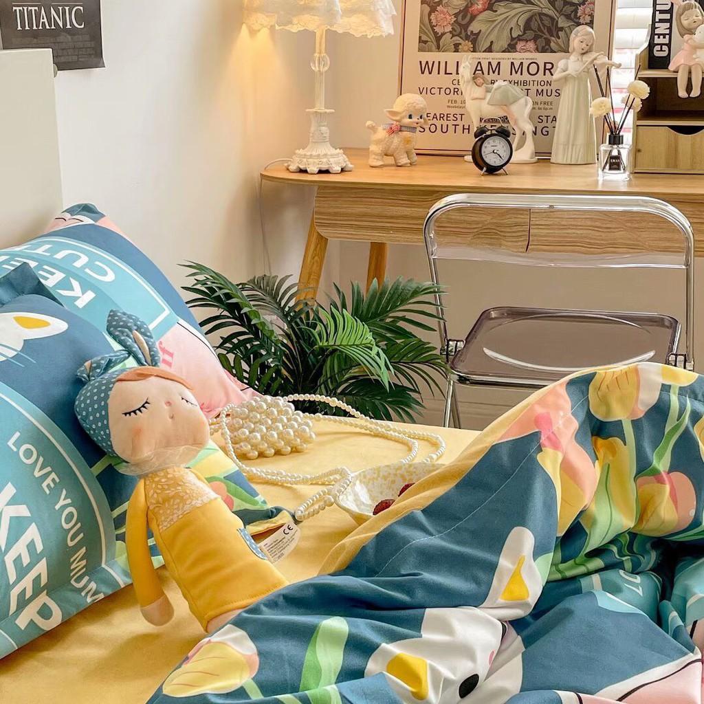 Bộ chăn ga gối Cotton Poly M2T bedding Mèo hoa, vỏ chăn mền, drap giường và 2 vỏ gối