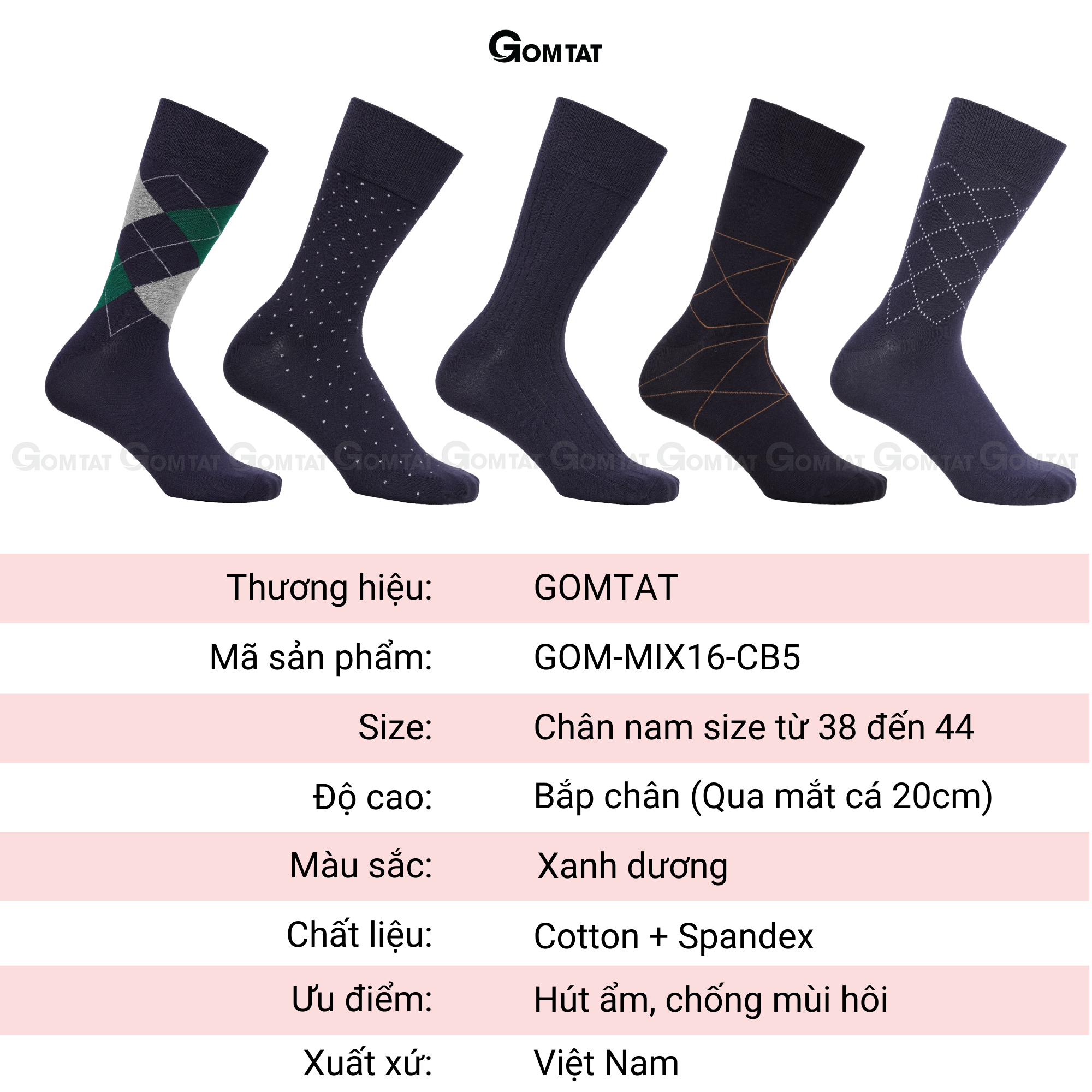 Hộp 5 đôi tất nam công sở cổ cao đi giày tây GOMTAT màu xanh dương, chất liệu cotton co giãn thoáng mát - GOM-MIX16-CB5