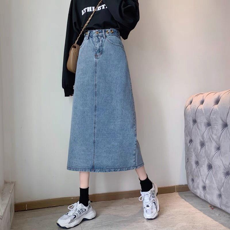 Váy jean dài cạp cao, váy jean xòe xẻ gấu phong cách_a9