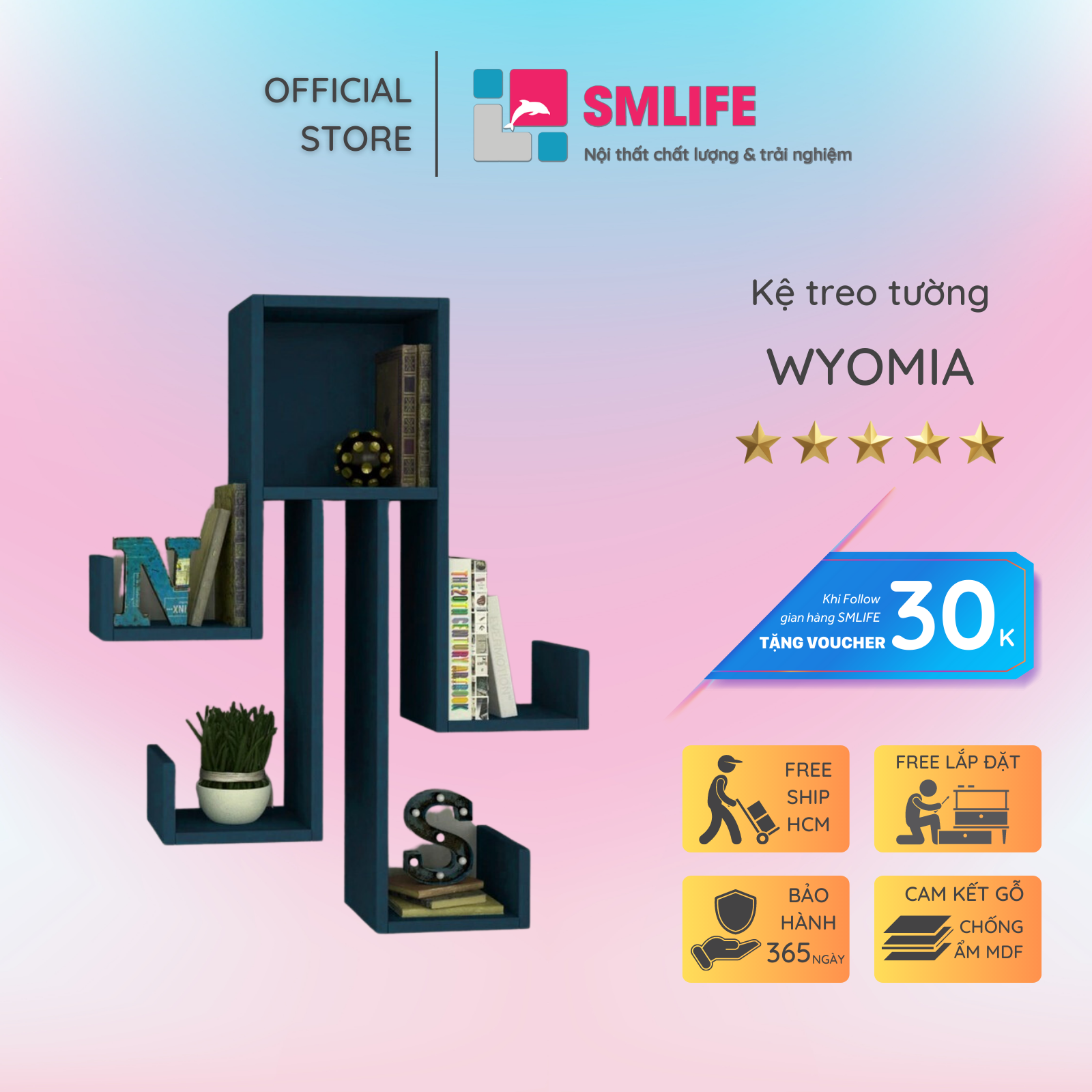 Kệ gỗ treo tường trang trí hiện đại SMLIFE Wyomia Gỗ MDF dày 17mm chống ẩm D77xR20xC96cm - Màu Xanh Ngọc