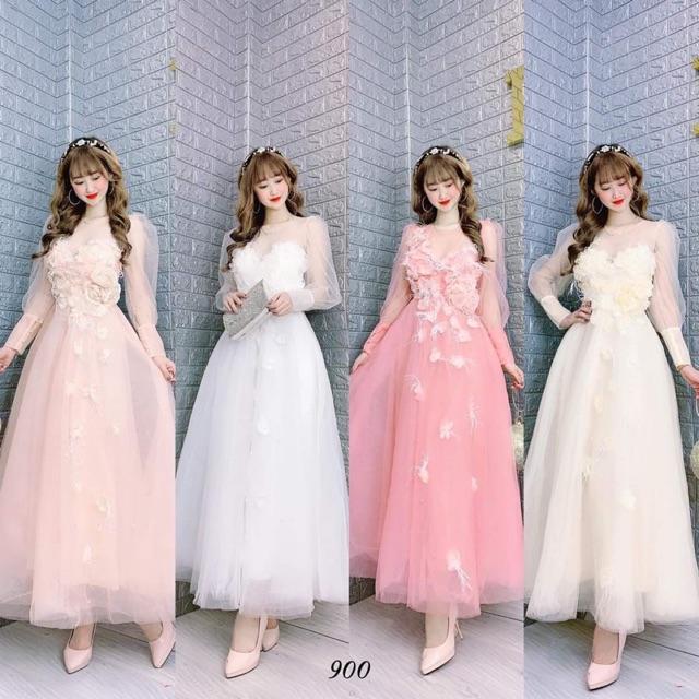 Đầm Maxi xoè tay dài phồng kết cườm và hoa nổi -MS202V- Size M/L đến 57kgMM MM