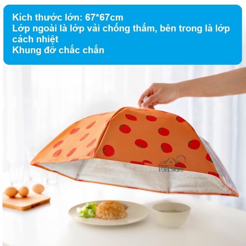 Lồng chụp bàn giữ nhiệt ,gấp gọn 6 cạnh tiện lợi , giúp giữ nóng thức ăn , lớp ngoài chống thấm ,bên trong là lớp cách nhiệt  khung đỡ chắc chắn , dây rút để kéo lên thu gọn  ,giúp tránh các côn trùng ,bụi  giữ  nóng đồ ăn , giúp ăn ngon miệng hơn