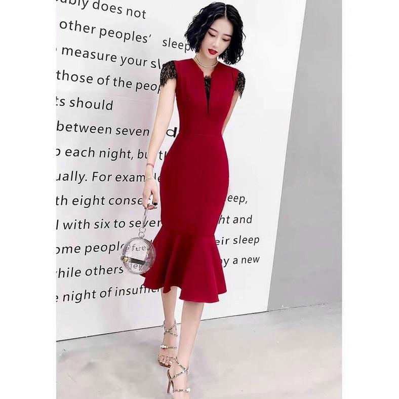 Đầm Body Đuôi Cá Tôn Dáng, Thiết Kế Phối Ren Cao Cấp, Sắc Đỏ Rạng Ngời