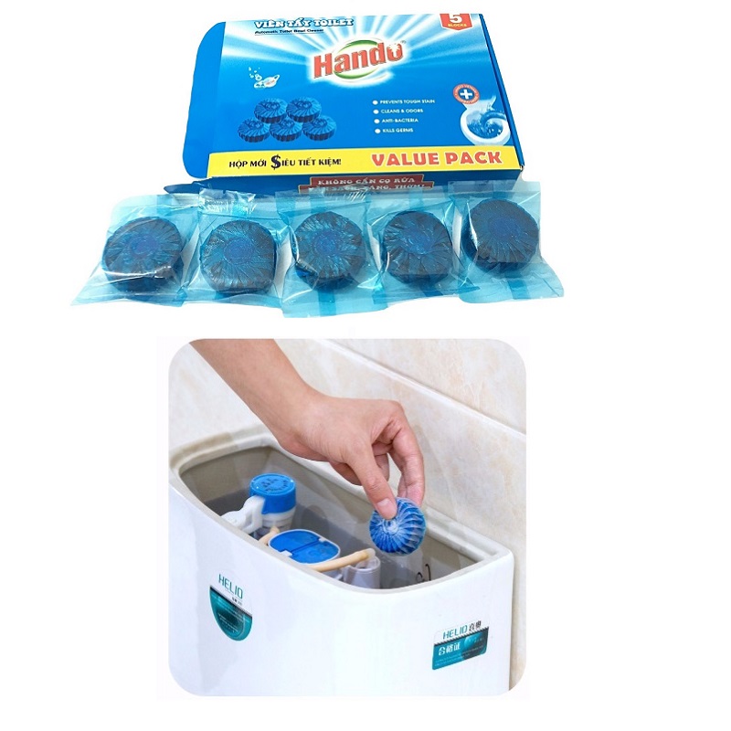 Bộ 2 hộp 10 viên tẩy xanh diệt khuẩn làm thơm toilet Value Pack Hando (360 lần xả/viên) + Tặng 1 đôi găng tay cao su siêu dai con hươu (hoạt tiết ngẫu nhiên)