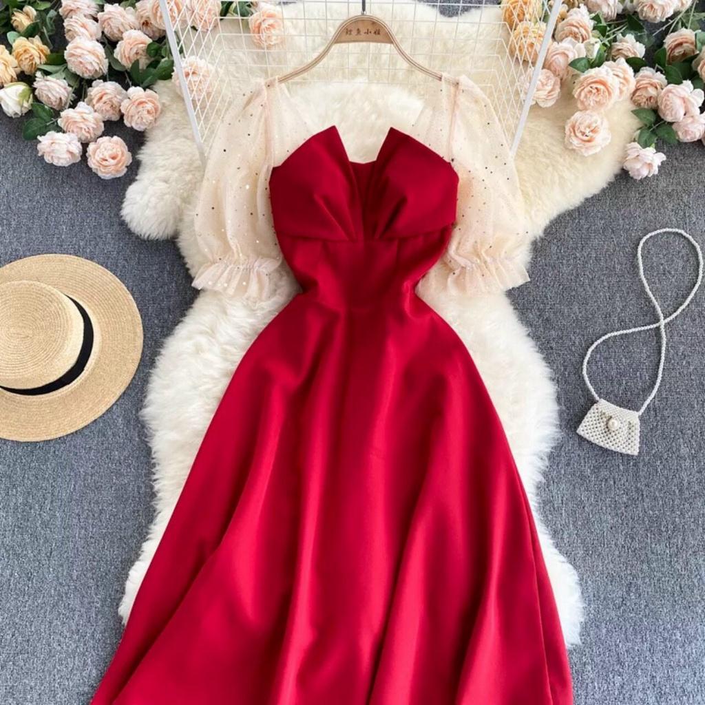 Đầm xoè tiểu thư xếp ly ngực phối tay lưới kim sa