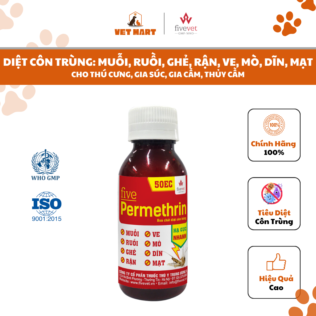 [100ML] Five-Permethrin - DIỆT CÔN TRÙNG: MUỖI, RUỒI, GHẺ, RẬN, VE, MÒ, DĨN, MẠT