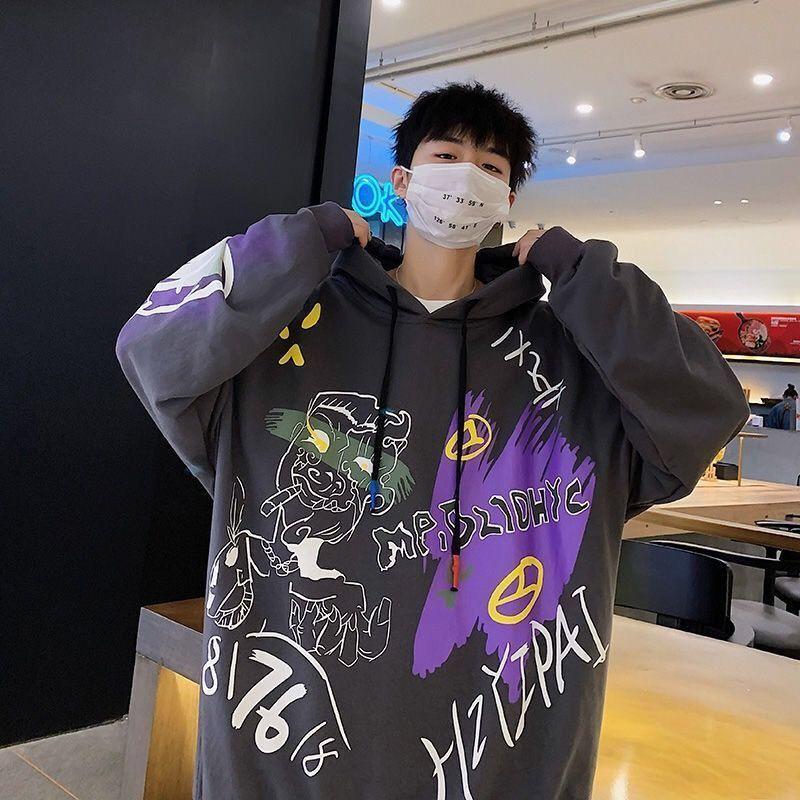 Áo Hoodie Nam Nữ Tay Dài Mũ Nón Dáng Rộng In Hình Cá Tính Phong Cách Thu Đông