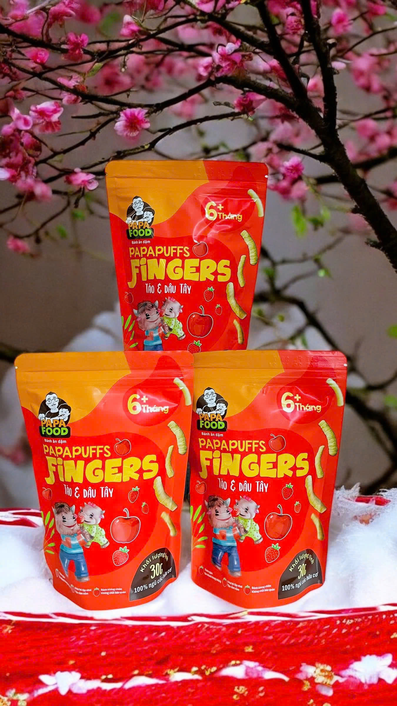 Bánh ăn dặm PAPAFOOD PAPAPUFFS Vị Táo &amp; Dâu Tây - 100% Ngũ Cố Hữu Cơ - Gói 30G