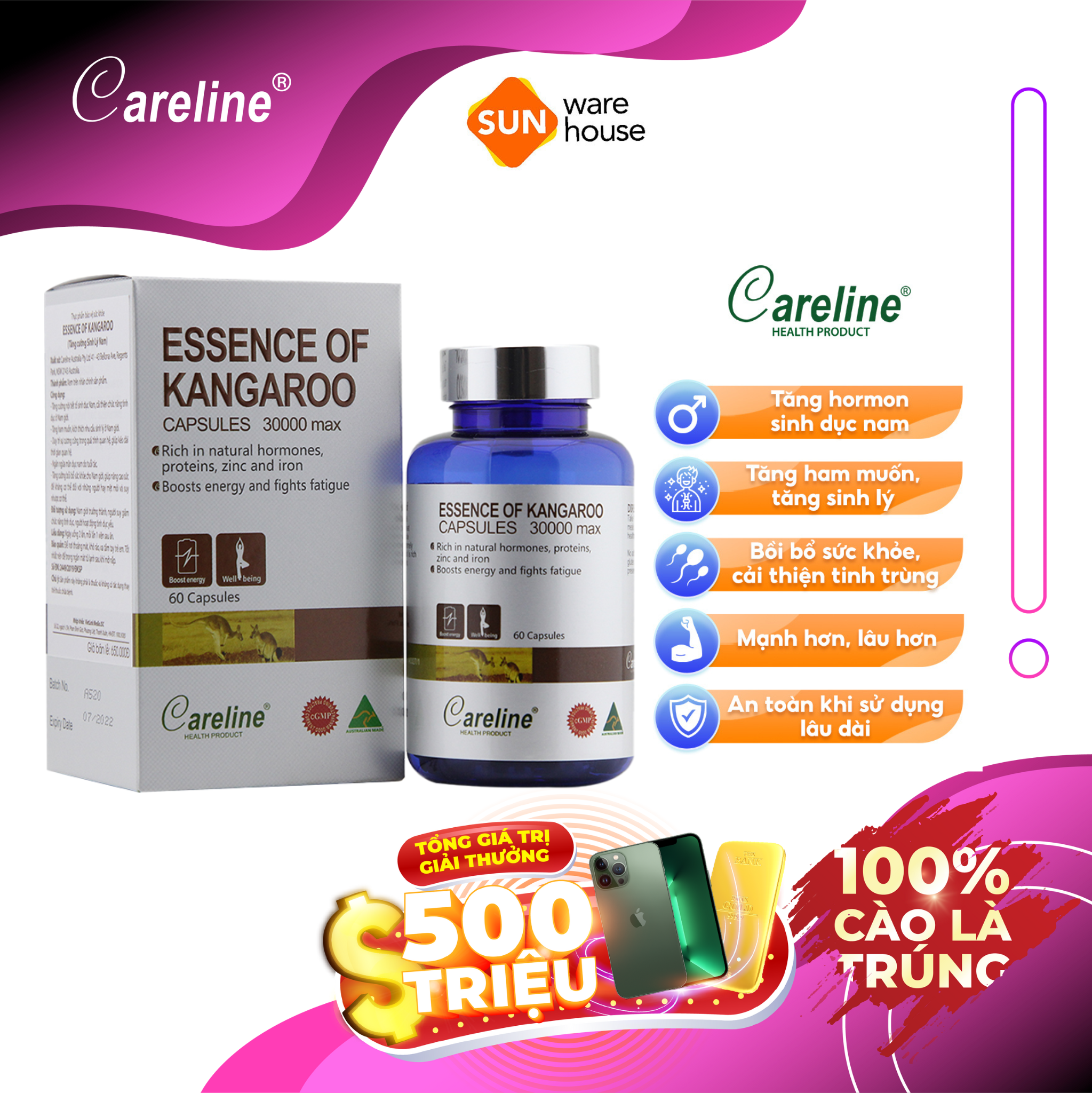 Viên Uống Careline Essence Of Kangaroo Hỗ Trợ Tăng Cường Sinh Lý Nam - Hộp 60 Viên