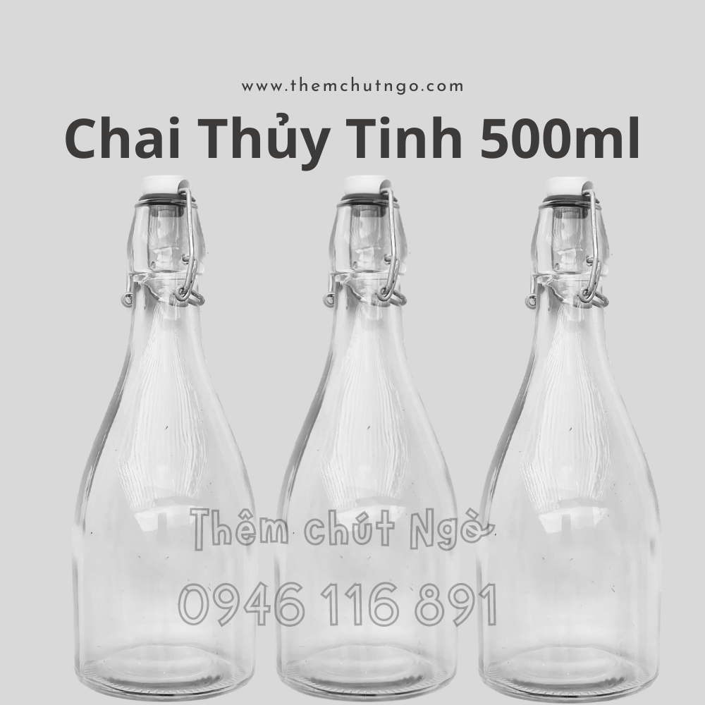 Chai thuỷ tinh nắp gài dáng lùn 500ml, chai thuỷ tinh nắp cài, chai gọng sắt