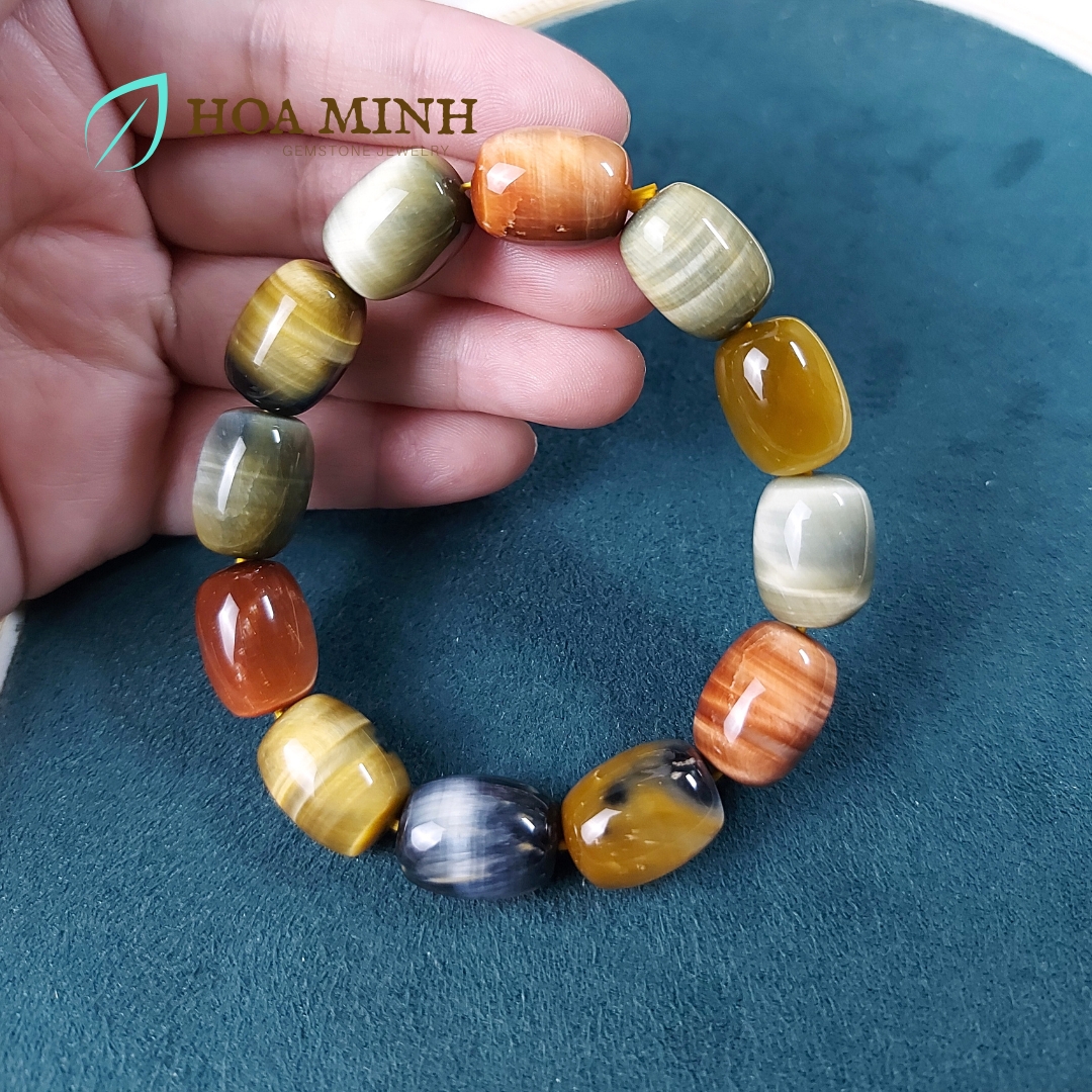 Vòng tay đá Mắt Hổ tam tài VIP thiên nhiên kiểu lu thống size 12x16mm phong thủy tài lộc