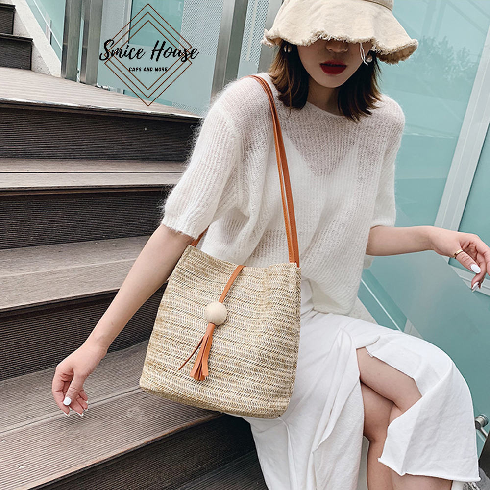 Túi Cói Đeo Vai Trơn đính quả gỗ Phong Cách Vintage, Túi Đeo Kẹp Nách Nữ