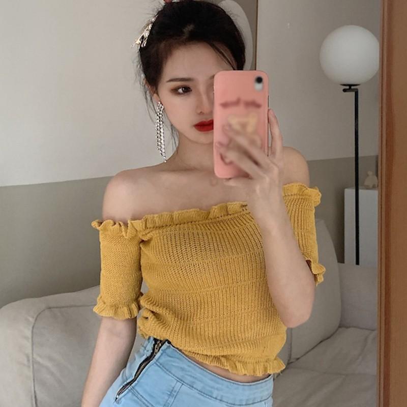 Áo Thun Dệt Kim Dáng Ôm Màu Trơn Phong Cách Hàn Quốc Cho Nữ