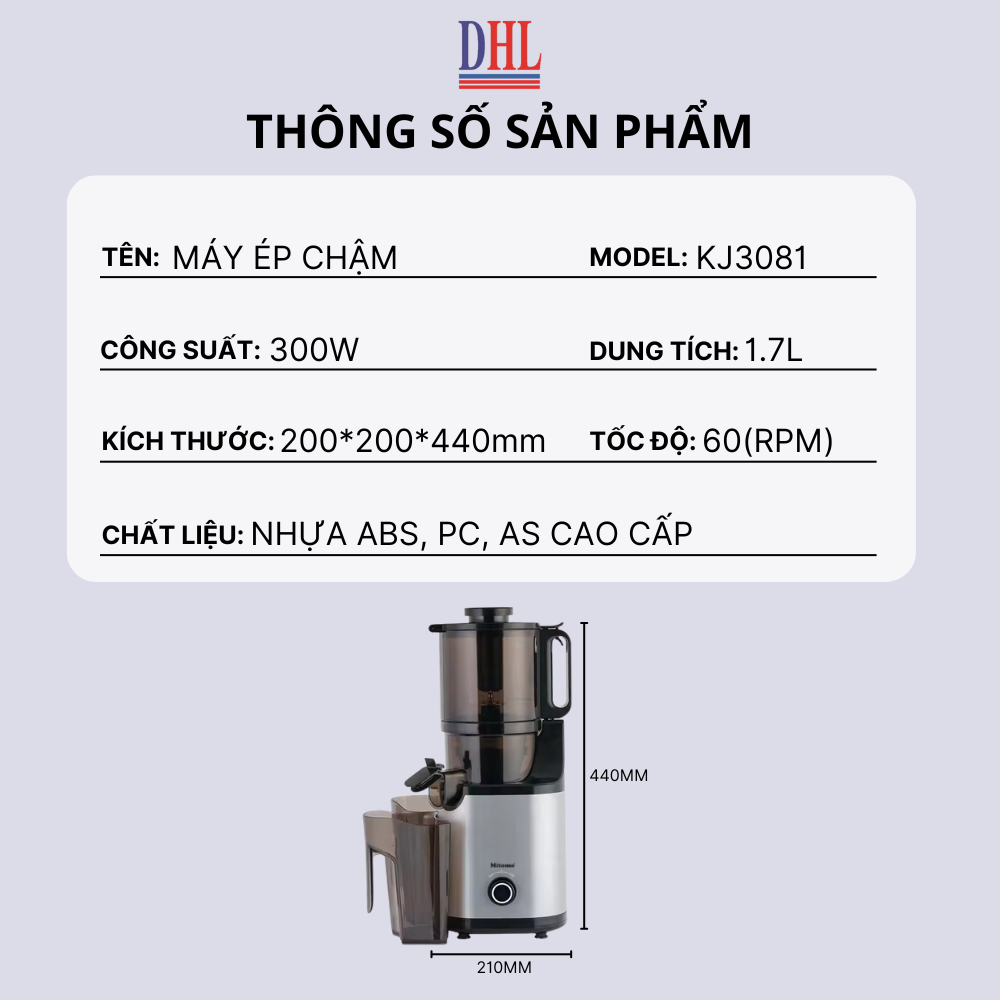 Máy Ép Chậm, Máy Ép Trái Cây Công Nghiệp Mitomo KJ3081 Kiệt Bã - Hàng Chính Hãng Bảo Hành 3 Năm
