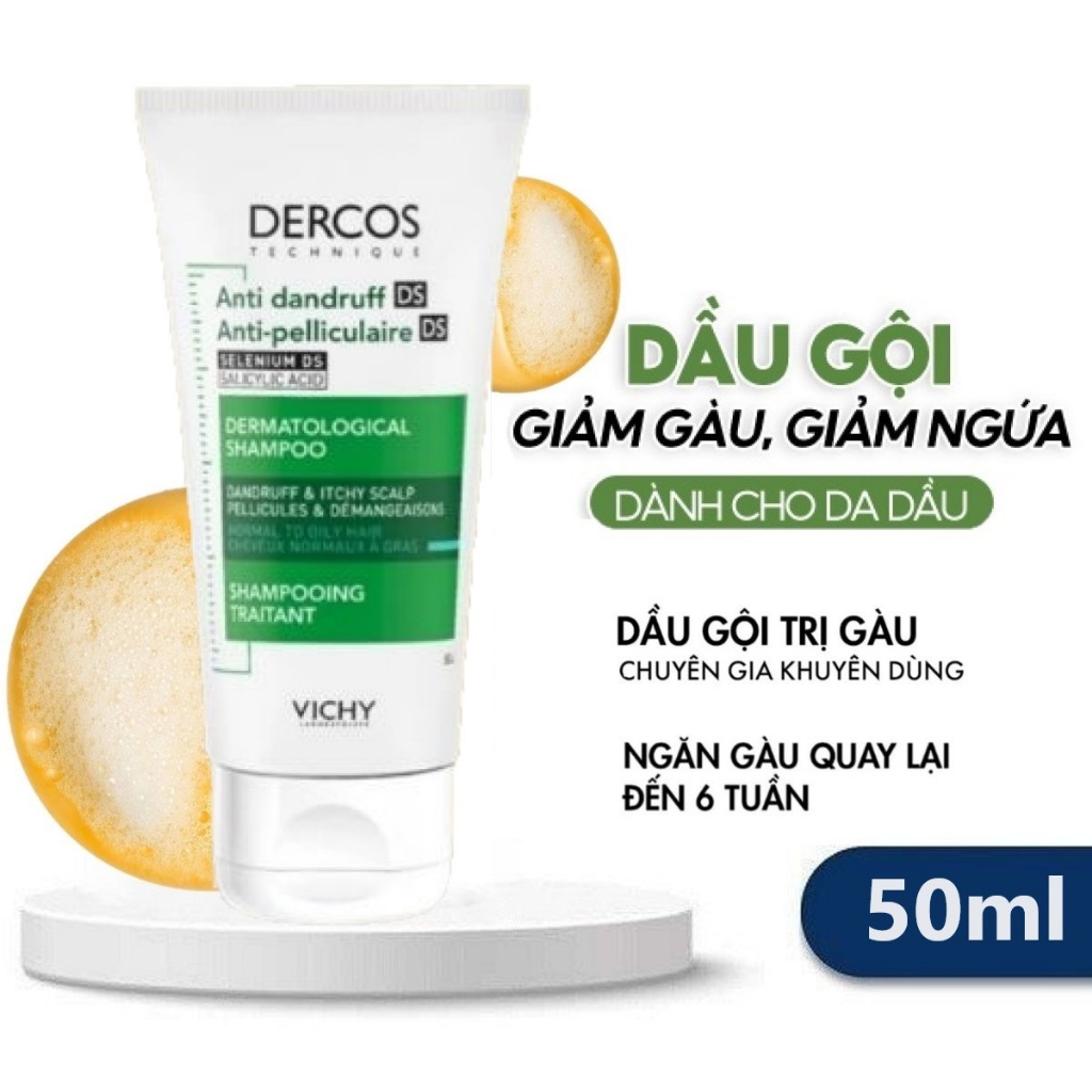 Dầu Gội Giảm Gàu Cho Da Đầu Dầu Ngứa Vichy Dercos Anti Dandruff Ds Dermatological Shampoo 50ml