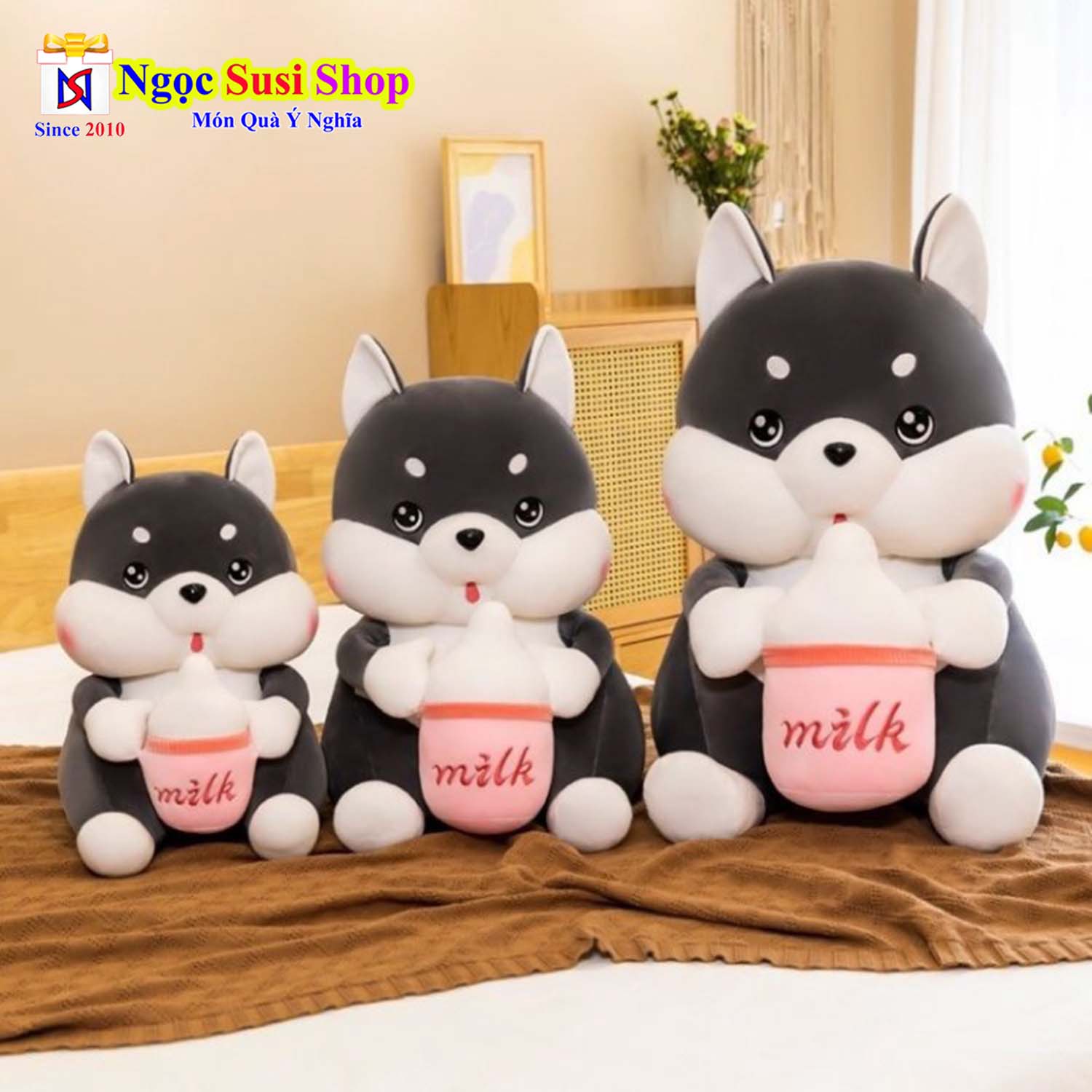 GỐI ÔM CHÓ HUSKY ÔM BÌNH SỮA KHỔNG LỒ SIÊU MỀM MỊN ÔM NGỦ
