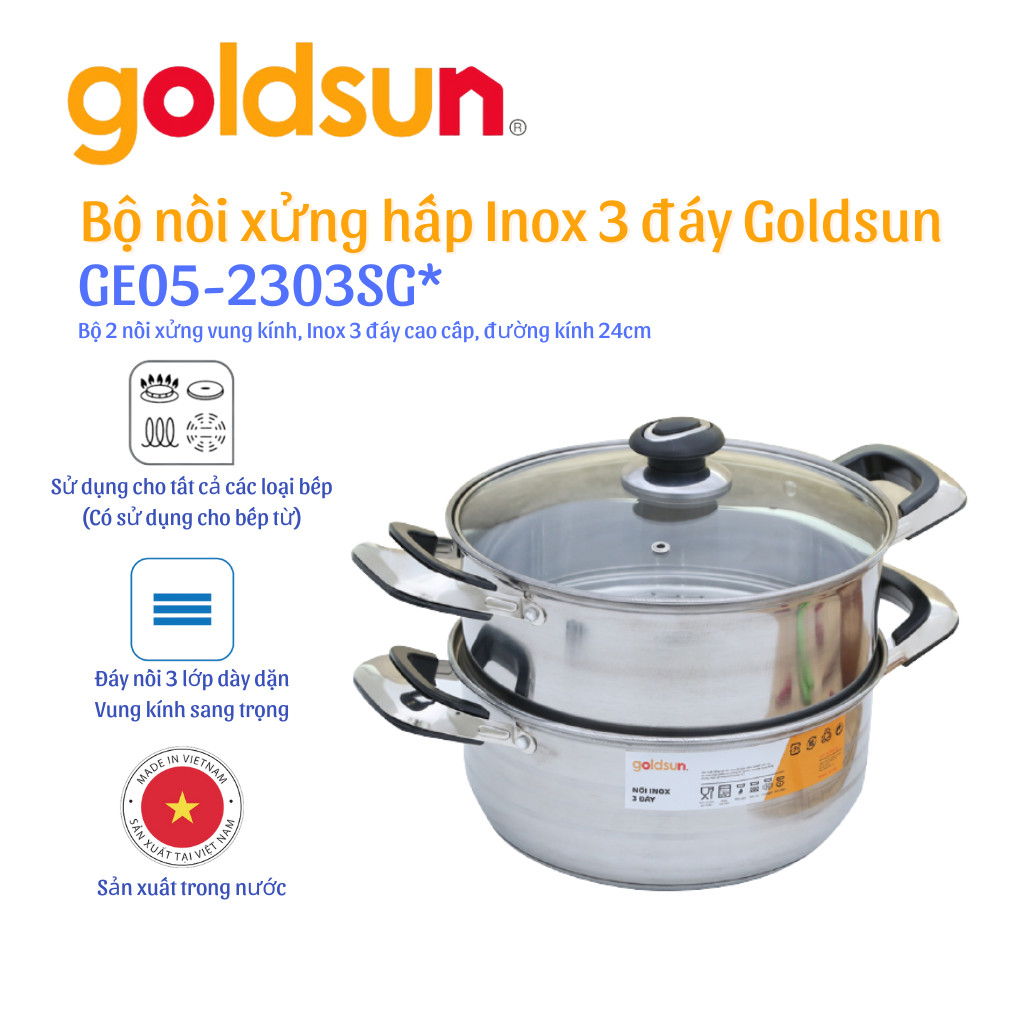 Bộ Nồi Inox Xửng Hấp Vung Kính Goldsun GE05-2303SG*