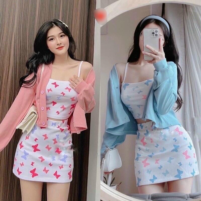 Set 3 món croptop kèm áo khoác, Set áo ống dây mix chân váy ngắn kèm áo cardigan bướm DK-0046 màu xanh