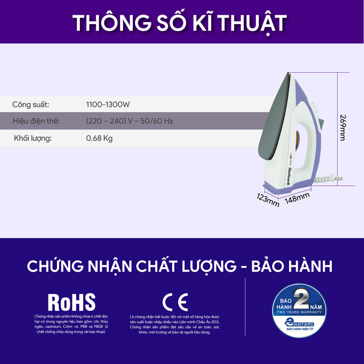 Bàn Ủi Khô BlueStone DIB-3728 1100-1300W - Hàng Chính Hãng