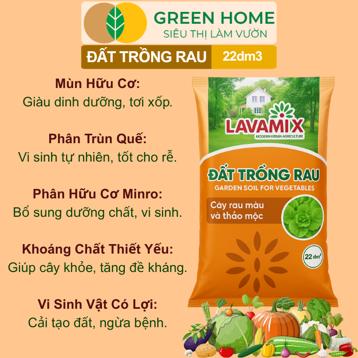 Đất Trồng Rau GreenHome, Bao 22dm3 (11kg), Hữu Cơ, Tiện Lợi, Đầy Đủ Dinh Dưỡng Cho Các Loại Rau, Củ, Quả