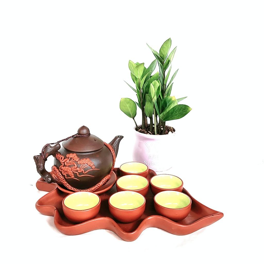 Bộ ấm trà tử sa - Màu nâu đắp hoa nổi màu đỏ khay hình lá cỡ to - Dung tích 650 ml
