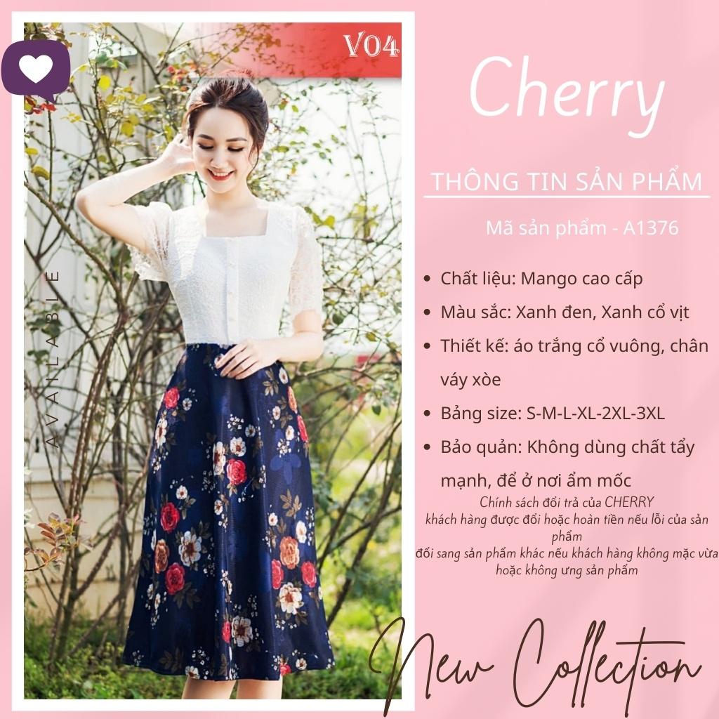 Váy hoa nhí công sở thiết kế liền thân chân váy dáng xòe, đầm nữ phối hoa đẹp Cherry Store V044