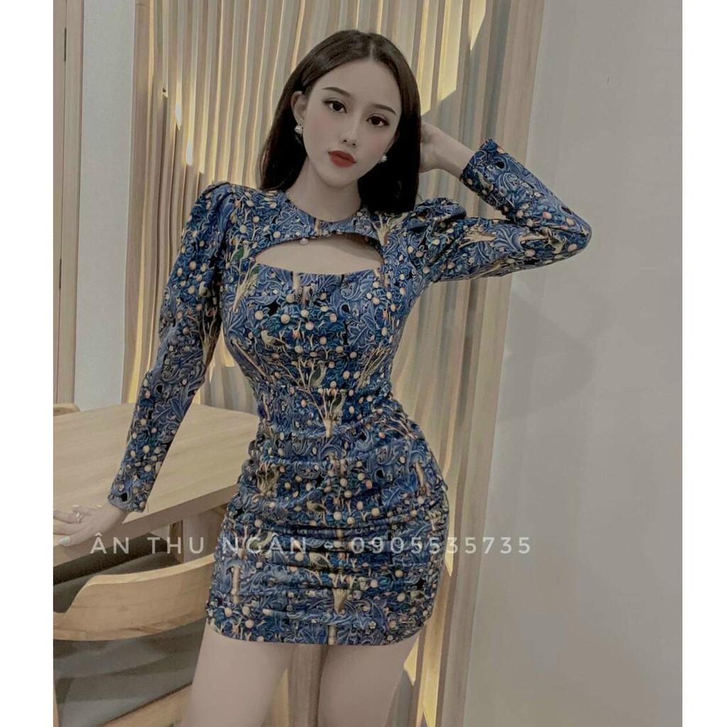 Đầm body tay dài hoạ tiết hở ngực xịn xò
