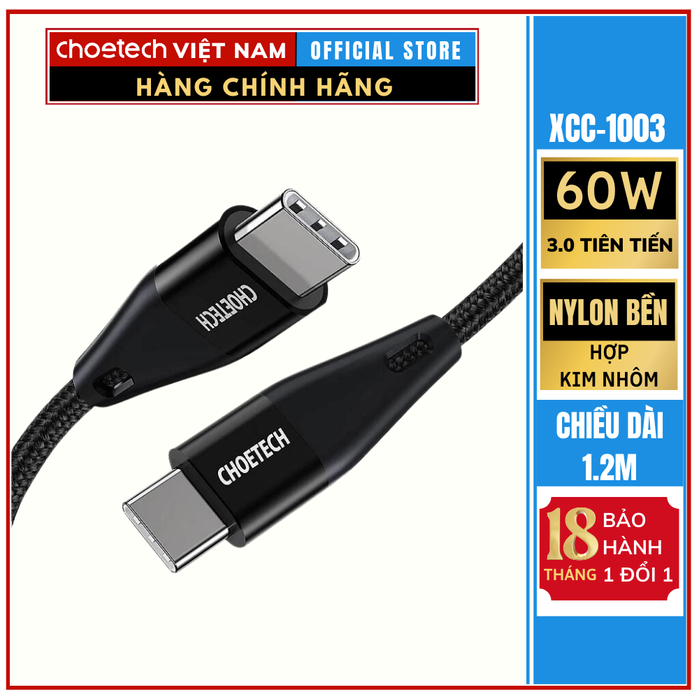 Cáp Sạc Nhanh USB Type C To Type C 60W Dài 1.2M CHOETECH XCC-1003