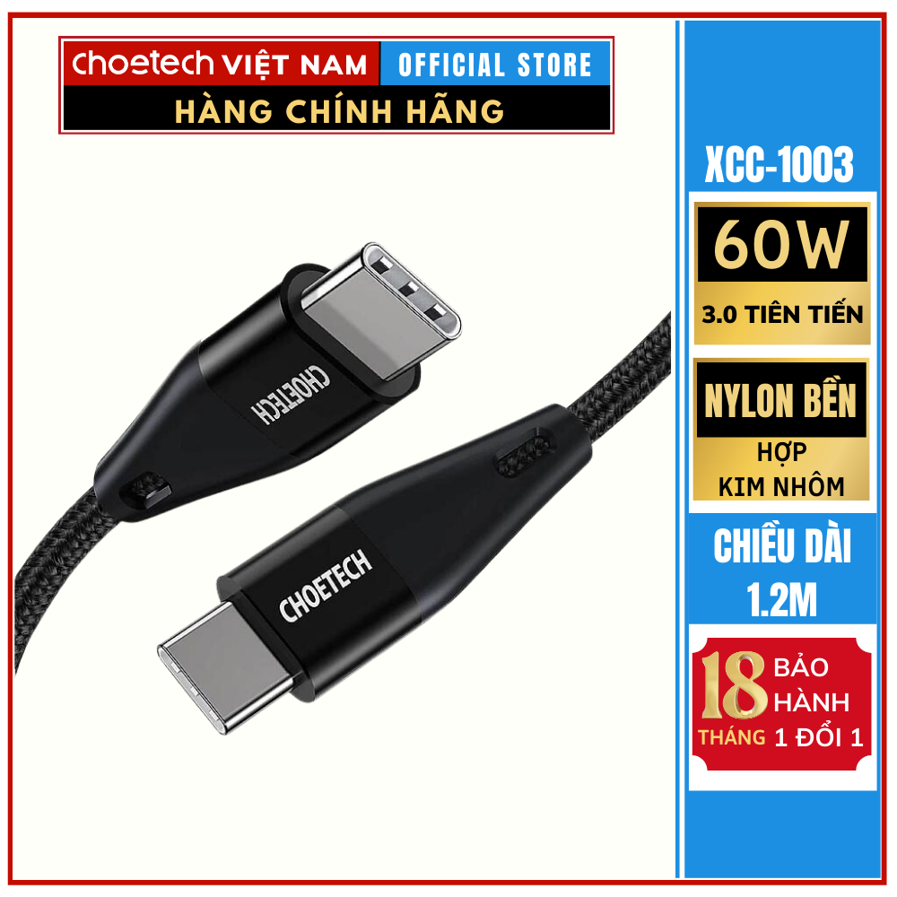 Cáp Sạc Nhanh USB Type C To Type C 60W Dài 1.2M CHOETECH XCC-1003 (HÀNG CHÍNH HÃNG)