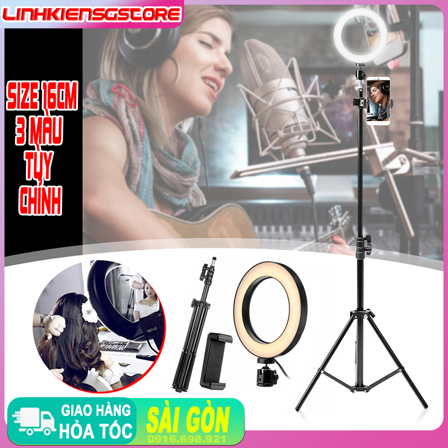 Đèn Live Stream 16CM Chân Đứng 1.7M, bộ kẹp điện thoại K01, livestream tùy chỉnh ánh sáng chiều cao