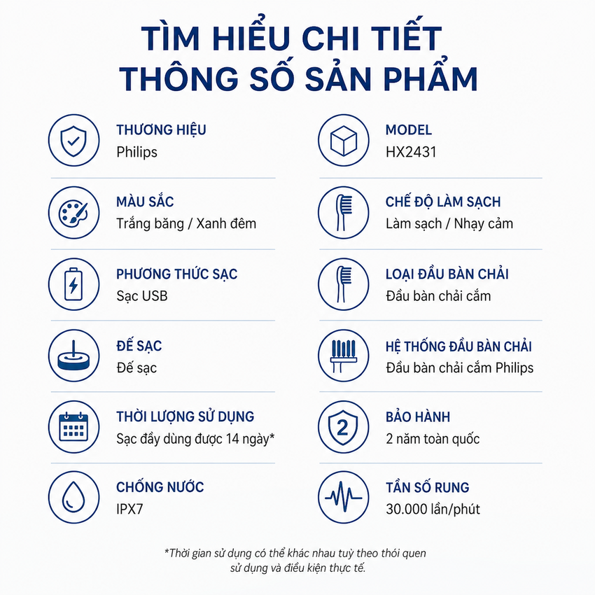 Bàn chải đánh răng điện Philips Sonicare HX2421 tích hợp 2 chế độ làm việc Clean, Sensitive - Hàng Nhập Khẩu