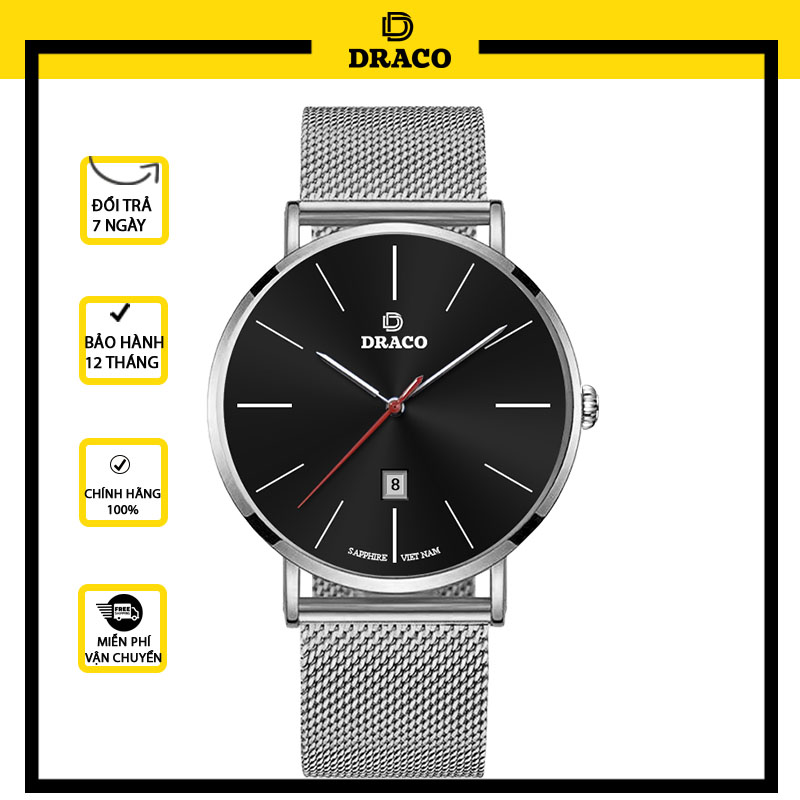 Đồng Hồ Nam DRACO Sang Trọng D21-ST02 “Classic Boy” Đen Lưới Bạc