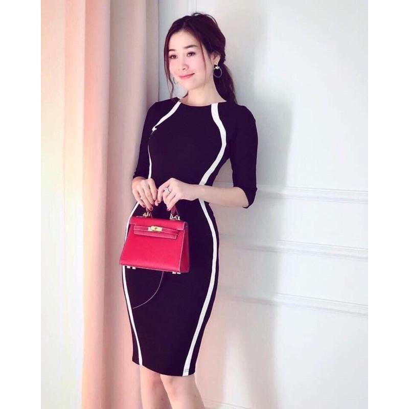 F455 Đầm ôm. body cổ tròn tay lỡ phối sọc trắng 2 bên thân trước