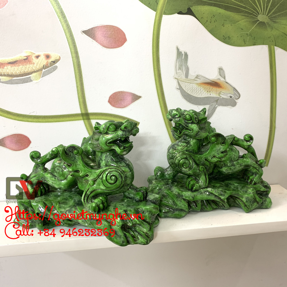 Cặp 2 Tượng Đá Trang Trí Tỳ Hưu Phong Thủy - Dài 20cm x Cao 15cm - Màu Xanh Lục Bích