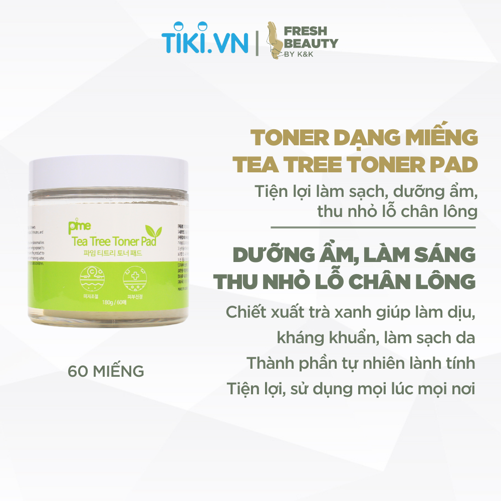 Toner Pad Trà Xanh hỗ trợ làm sạch sâu, giảm mụn, mờ thâm Pime Tea Tree Toner Pad 60 miếng