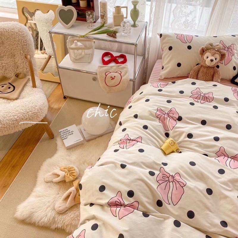 Bộ Chăn Ga Gối Cotton Living 100%cotton Hàng Nhập Khẩu Cao Cấp 4 Món Nơ Chấm Bi