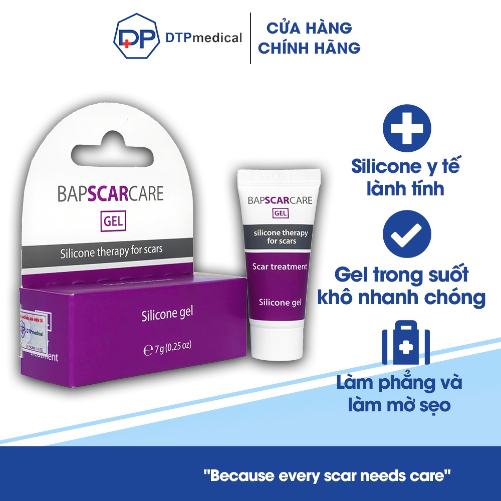 Gel Silicone Bapscarcare trị sẹo lồi, sẹo phì đại, sẹo mổ sau khi phẫu thuật, Gel Bapscarcare làm phẳng, làm mềm và mờ sẹo lâu năm hiệu quả (Tuýp 7g)