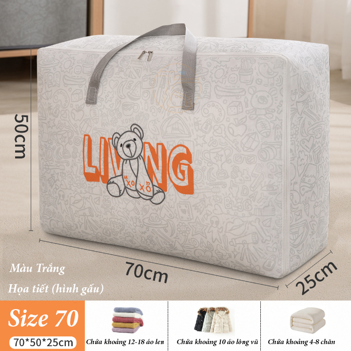 Túi đựng quần áo chăn mền Liwing họa tiết hoạt hình chất liệu vải không dệt dày dặn bền đẹp - Size 70 &amp; xám