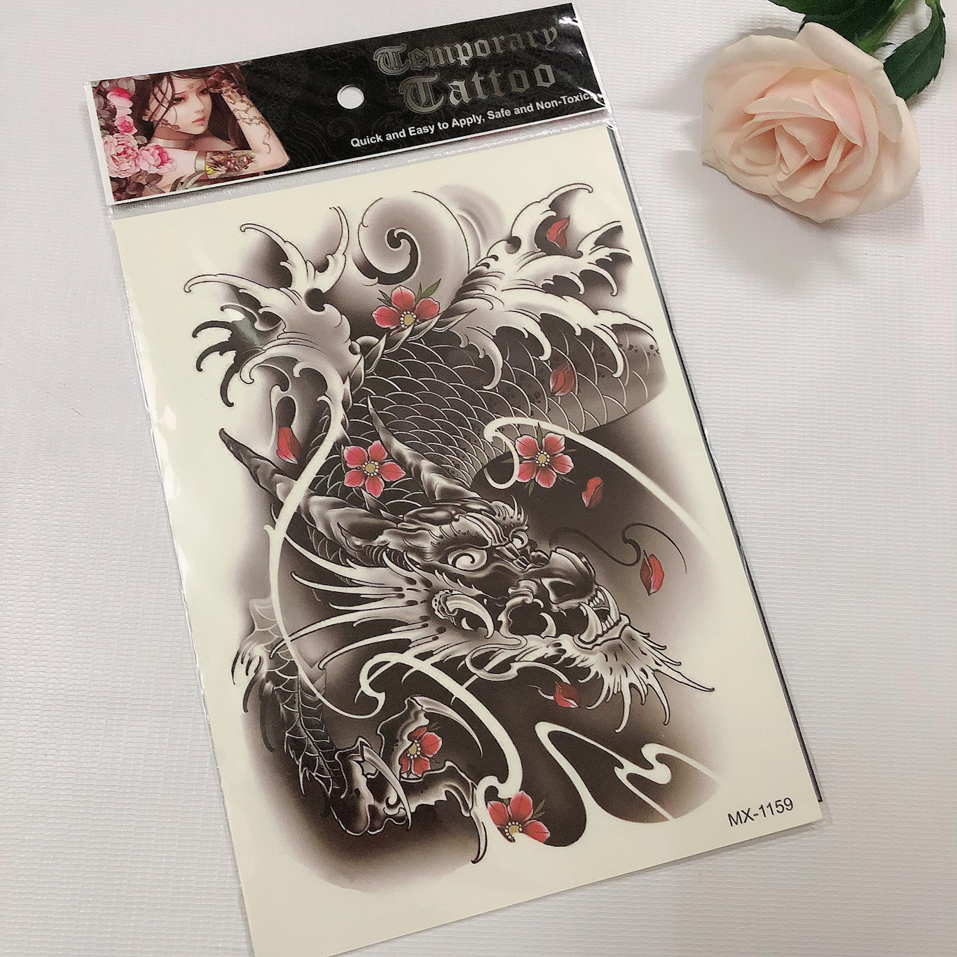 Hình xăm cá chép, rồng, phụng màu 15x21cm