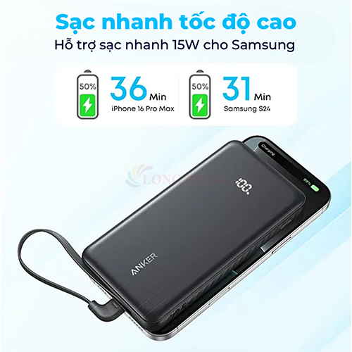 Sạc dự phòng Anker Zolo Power Bank Built-In 90° Cable 1USB 1Type-C 22.5W 10000mAh A110D - Hàng chính hãng