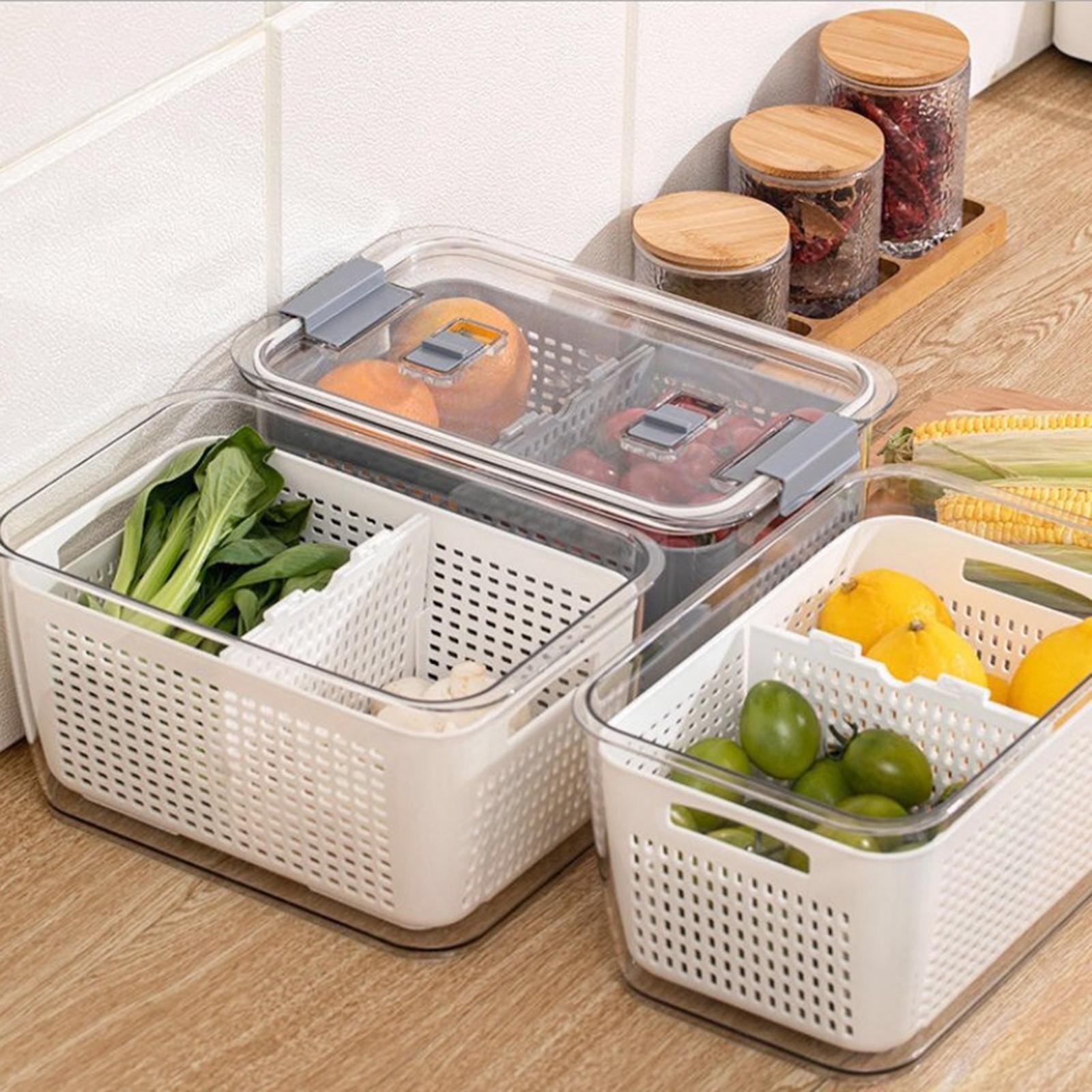 3xProfessional 3-in-1 Drain Basket Vegetable Fruit Partitions Storage Box white