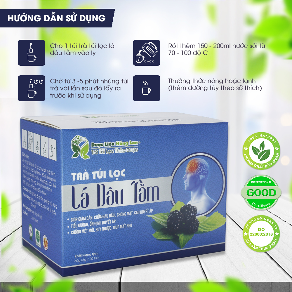 Trà Túi Lọc Lá Dâu Tằm 60g (20gói x 3g) - Công Ty Dược Liệu Hồng Lan