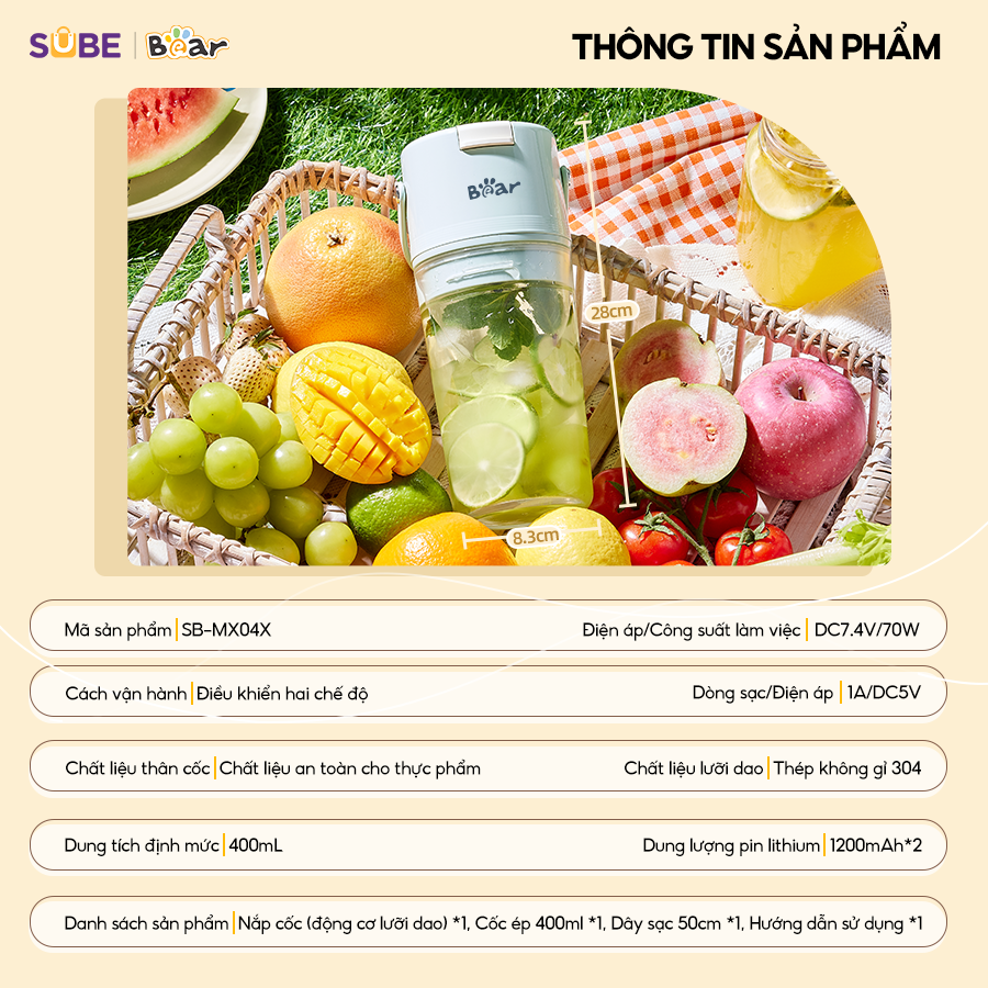 Máy Xay Sinh Tố Bear Máy Xay Đa Năng Máy Xay Cầm Tay Máy Xay Sinh Tố Tiện Lợi Xay Nhanh Xay Rau Củ 400ml MX04X-HÀNG CHÍNH HÃNG