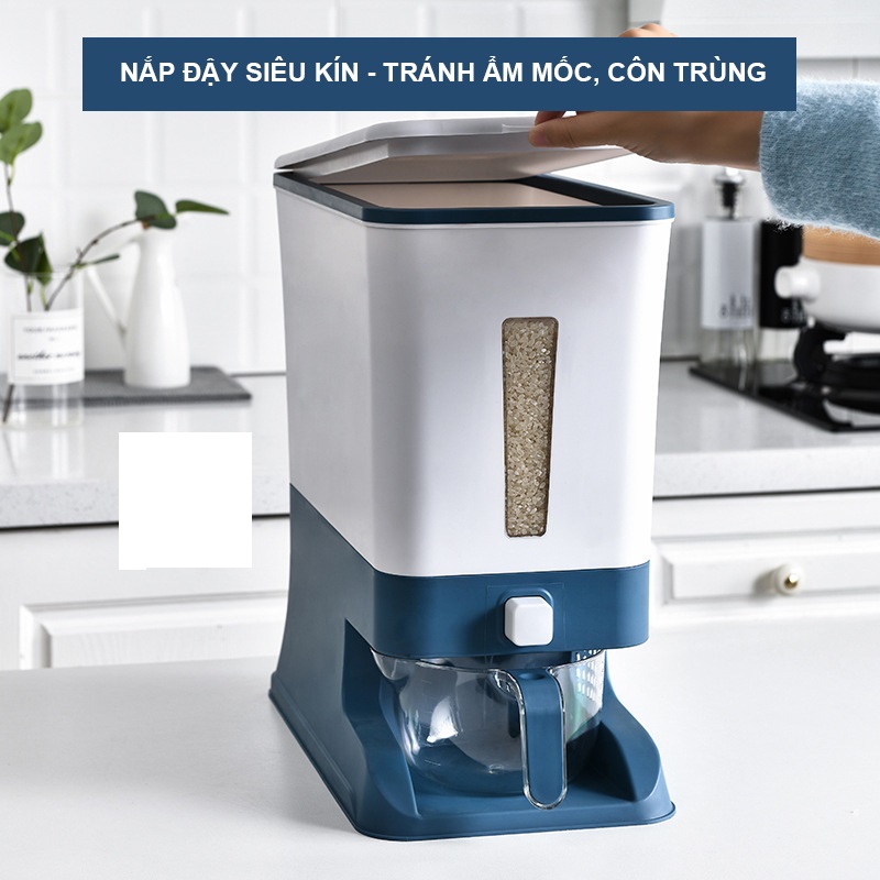 Hộp nhựa cao cấp đựng gạo, thực phẩm nhà bếp 10kg - Thùng đựng gạo cho gia đình có nắp đậy kín chống ẩm mốc, mối mọt dễ dàng lấy gạo ra chỉ bằng một nút bấm (Kèm cốc đong gạo)