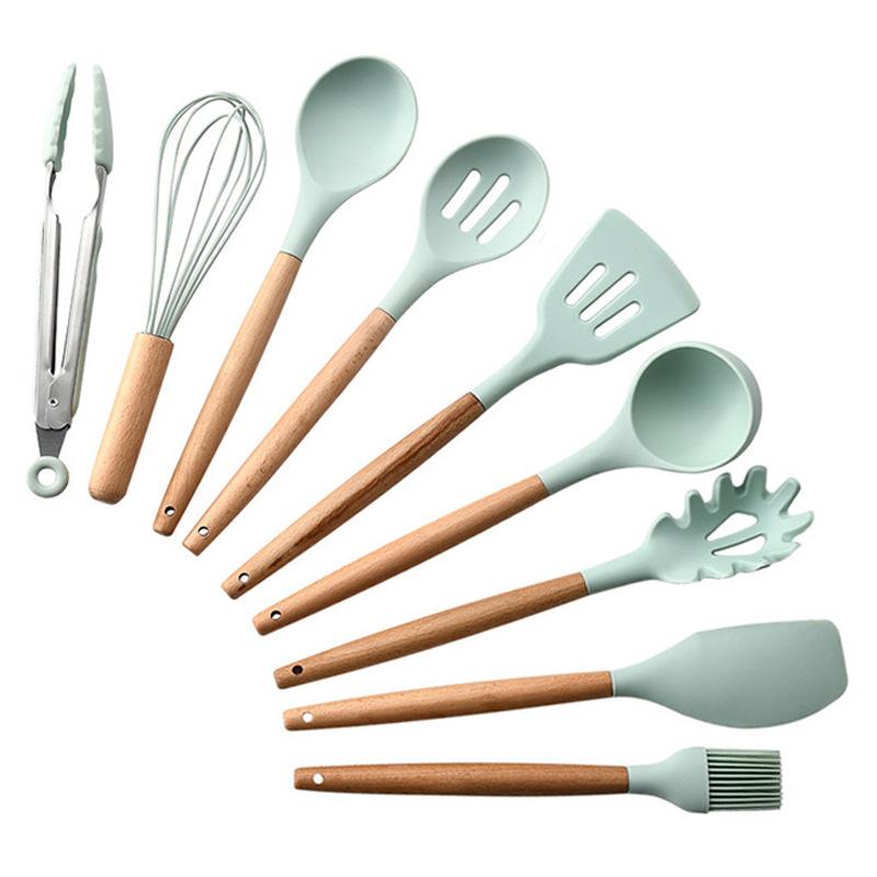 Mới Nhất Tay Cầm Bằng Gỗ Silicone Dụng Cụ Nấu Ăn Bộ Nồi Chịu Nhiệt Dính Đồ Dùng Nhà Bếp Công Cụ Nhà Bếp Phụ Kiện Tiện Ích