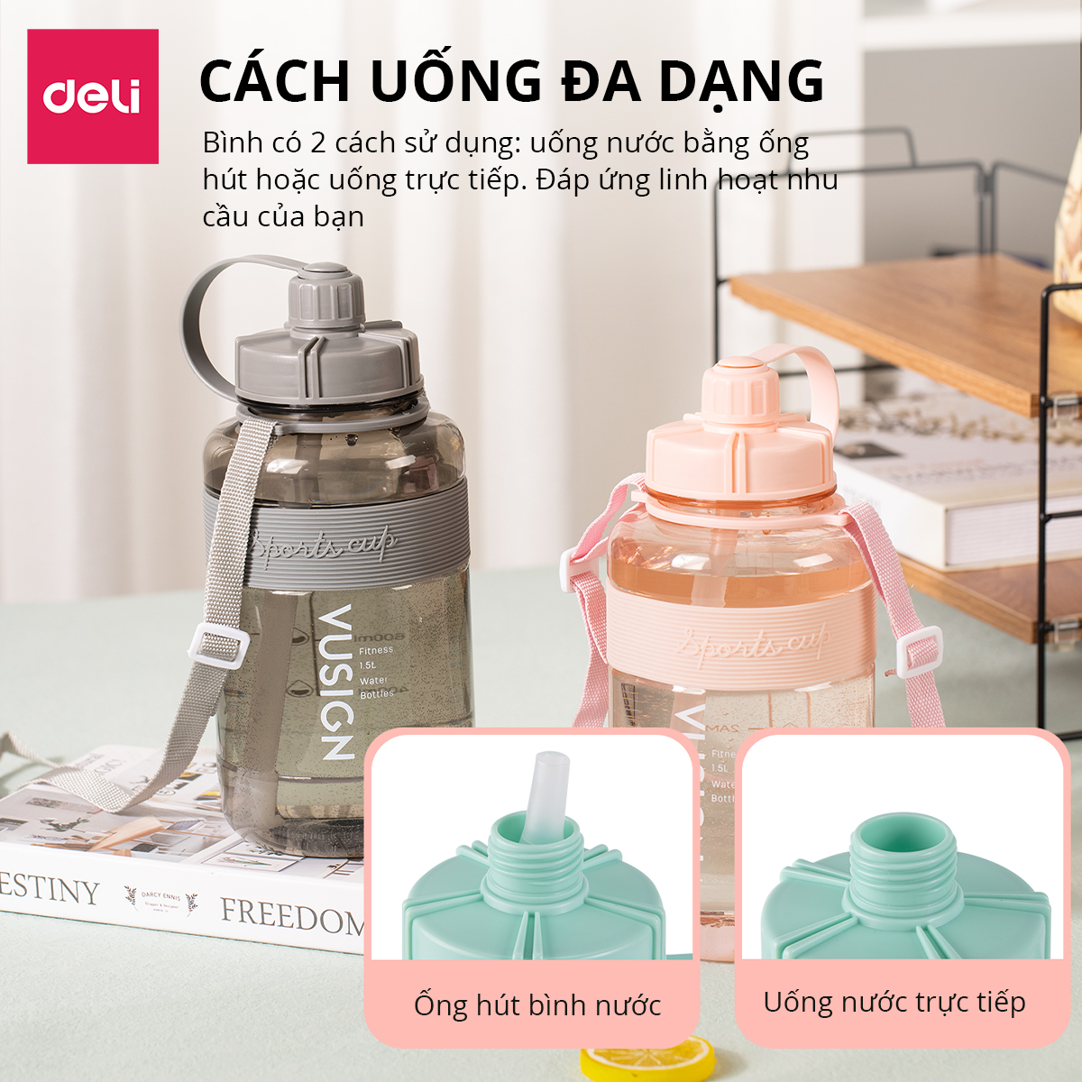 Bình Đựng Nước 1.5L Bao Bì Dễ Thương Có Vạch Báo Giờ Uống Nước Chia Lượng Nước Kèm Ống Hút Có Quai Đeo Chéo Deli - Nhựa Cao Cấp An Toàn Đầy Đủ Kiểm Định Chất Lượng Phủ Hợp Bình Nước Thể Thao Cho Bé Tới Trường - VS820