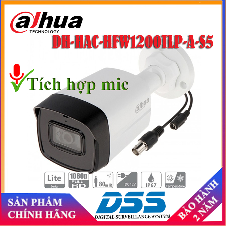 Camera HDCVI ngoài trời có mic 2MP DAHUA DH-HAC-HFW1200TLP-A-S5 hàng chính hãng DSS Việt Nam